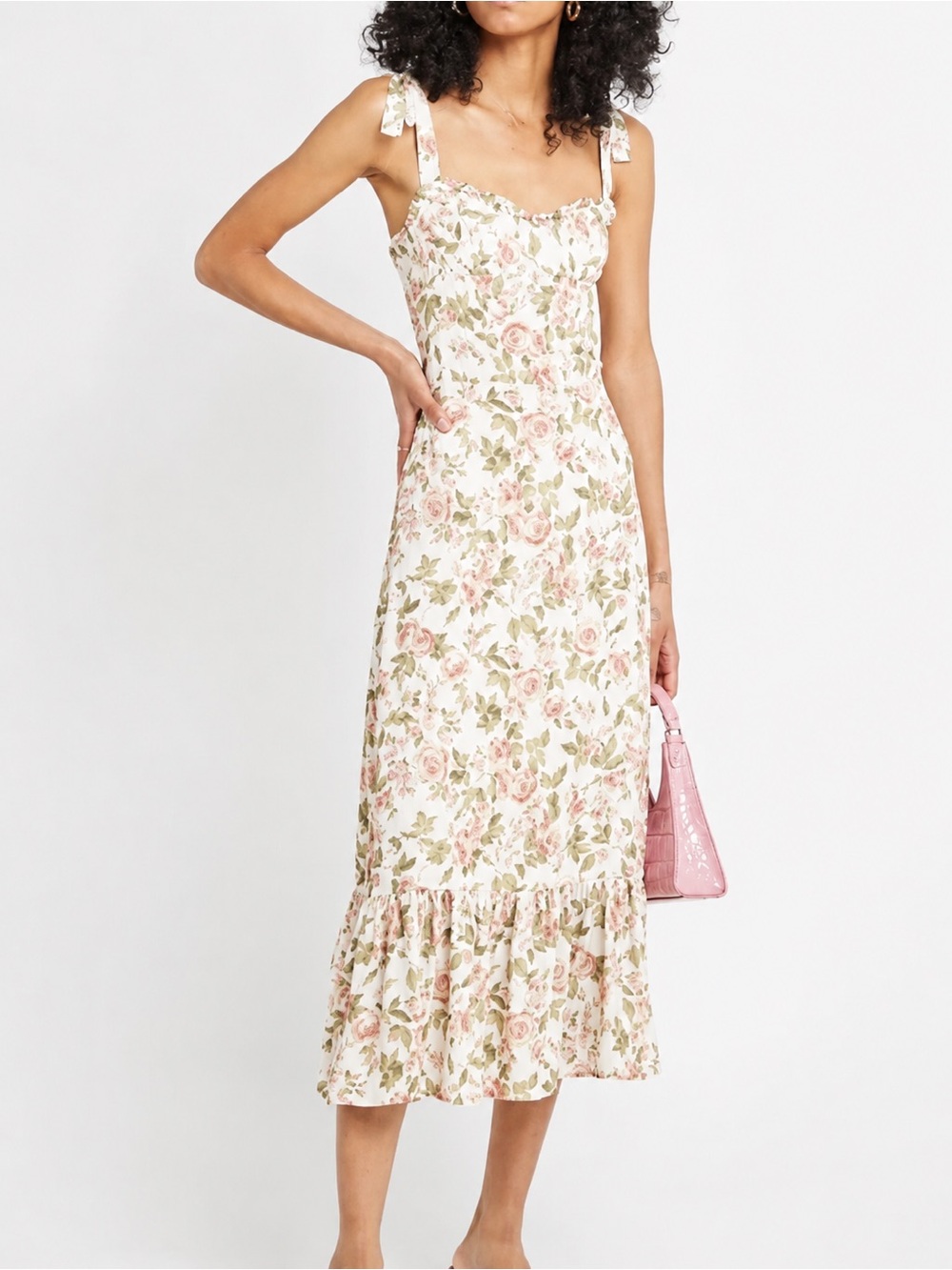 OPT Toile De Jouy Floral Midi Dress Rose Pink Tie Strap Ruffle Size Medium M